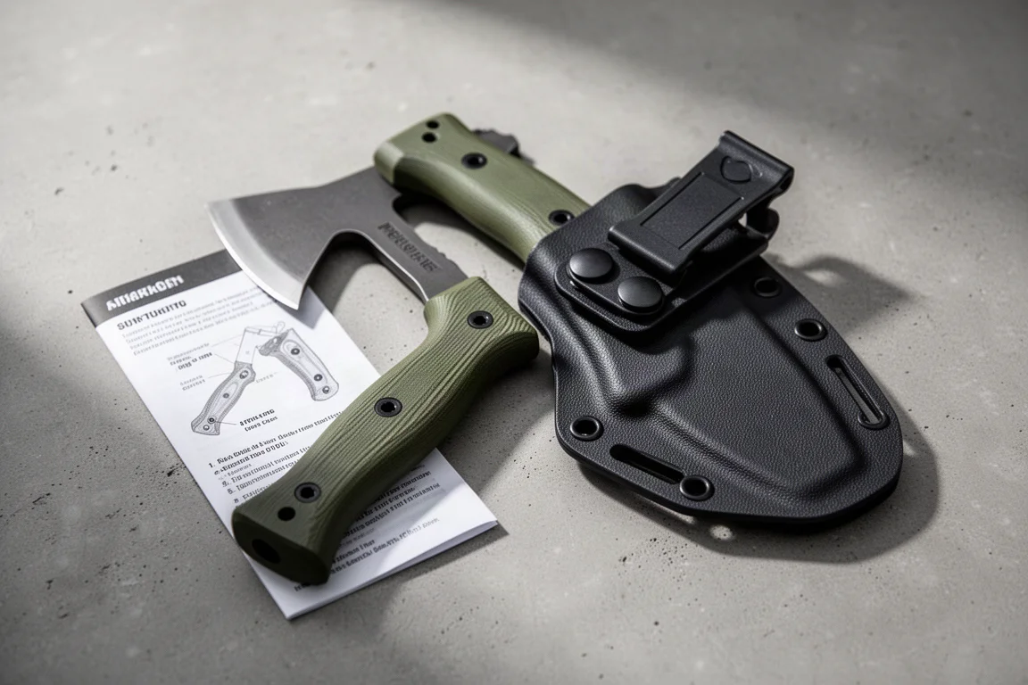 Compact hatchet with olive G10 handles secured in a Kydex sheath