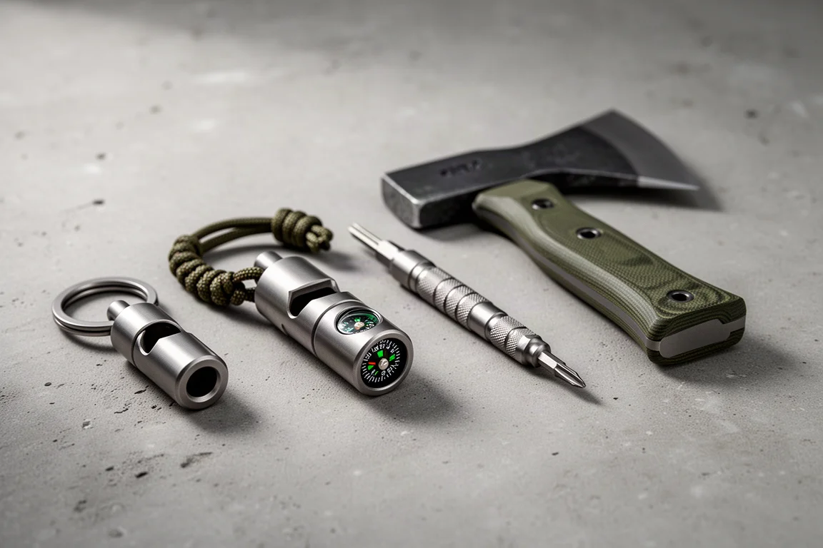 Quattro strumenti da everyday carry in titanio allineati su una superficie di cemento