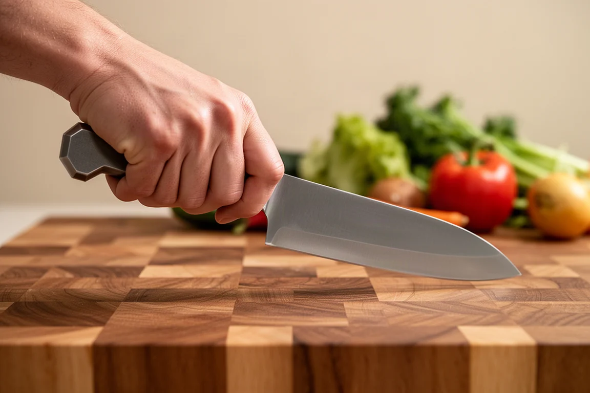 Hand die een achthoekig mesheft vastpakt boven een houten snijplank