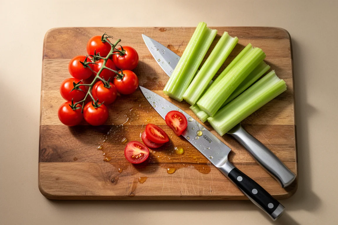 Cherrytomaten en selderij op een snijplank tijdens de voedseltest