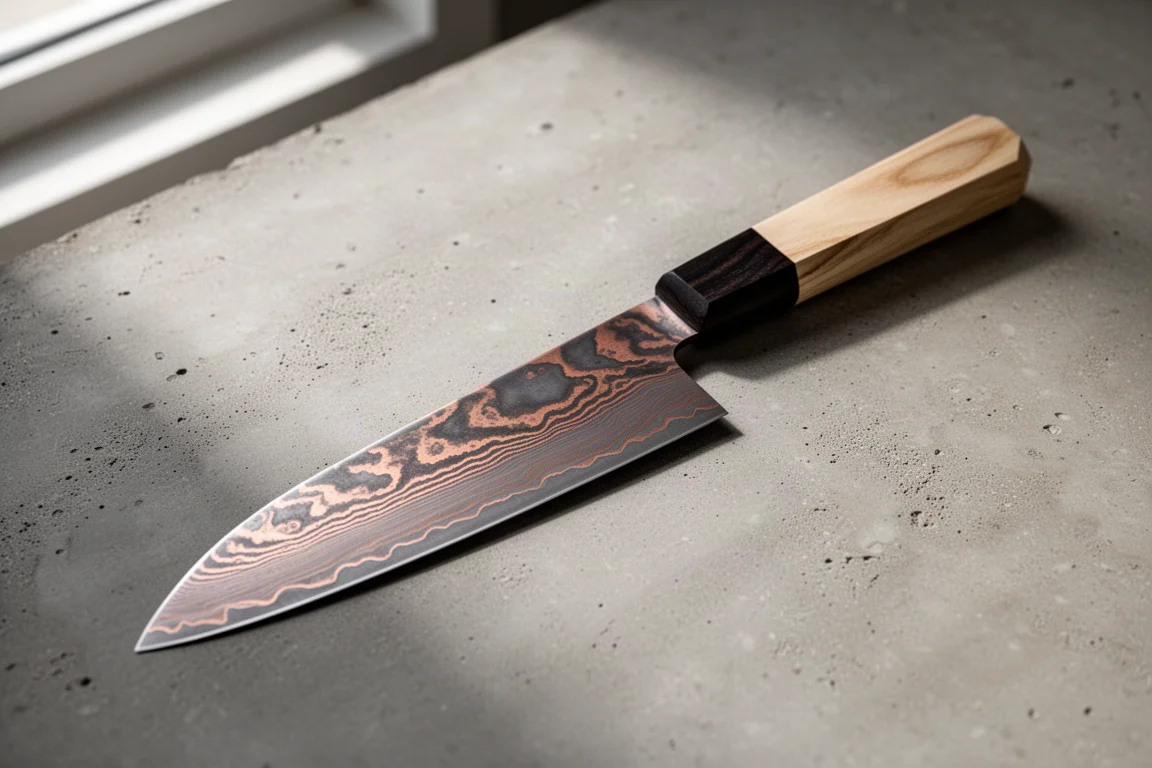 Handmade gyuto knife with copper Damascus blade and octagonal wooden handle on concrete