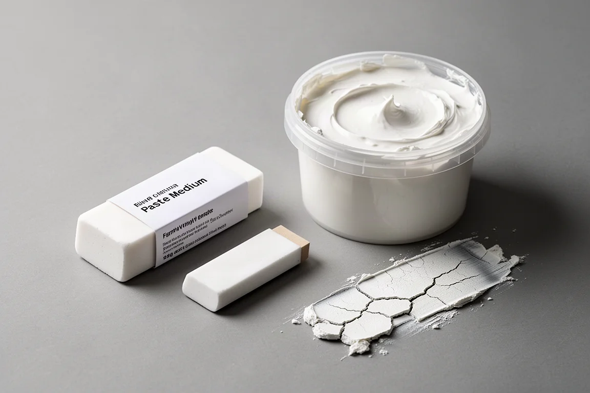 White eraser block and tub of white crackle paste with cracked texture swatch on grey surface