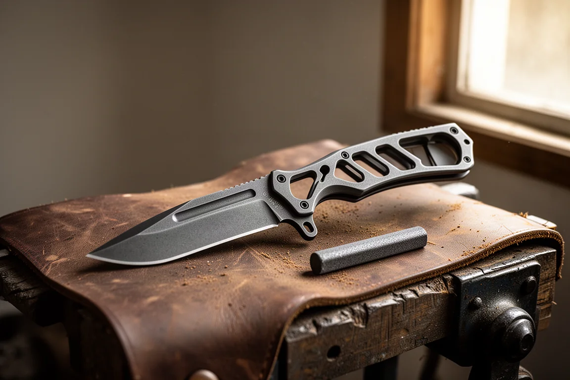 Couteau à lame fixe monobloc avec manche à rangement sur un établi en cuir