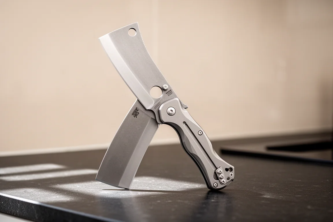 Grand couteau pliant de style cleaver ouvert sur un plan de travail de cuisine