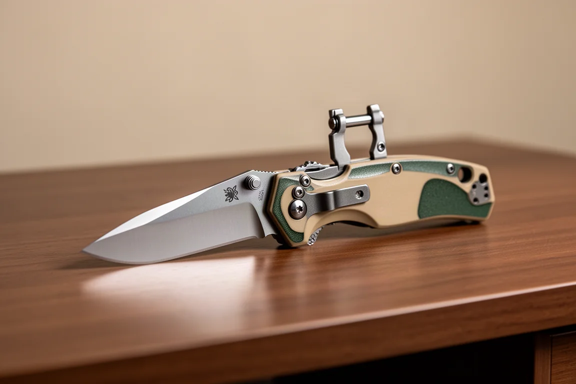 Couteau pliant avec finition cerakote beige et vert sur un bureau en bois