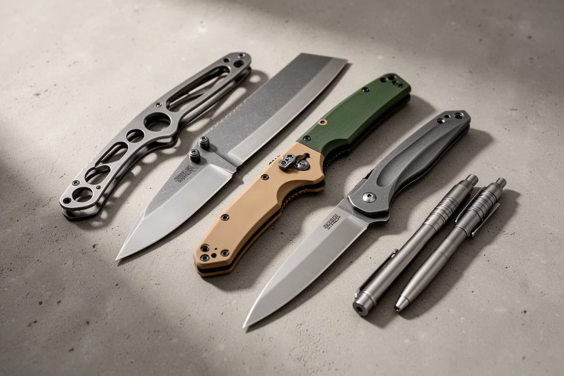Collezione di coltelli EDC e penne lavorate al tornio disposti su una superficie in cemento