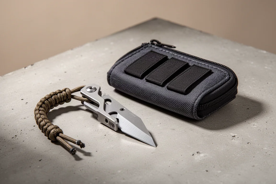 Small titanium EDC tool and fabric organizer pouch on a concrete surface