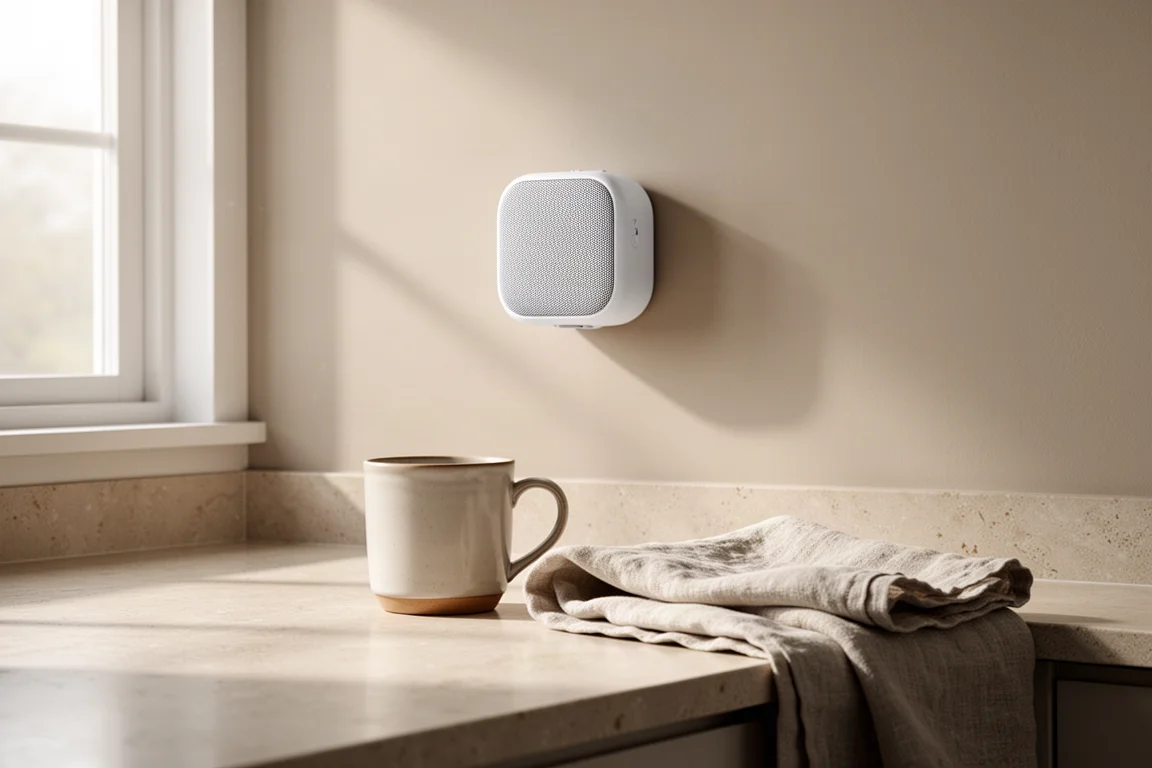 Kleine witte wandspeaker gemonteerd boven een keukenblad in zacht ochtendlicht