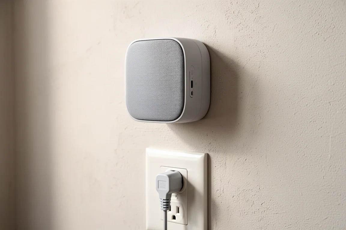 Close-up van een compacte wandspeaker die gelijk ligt met zijn stekker in een stopcontact