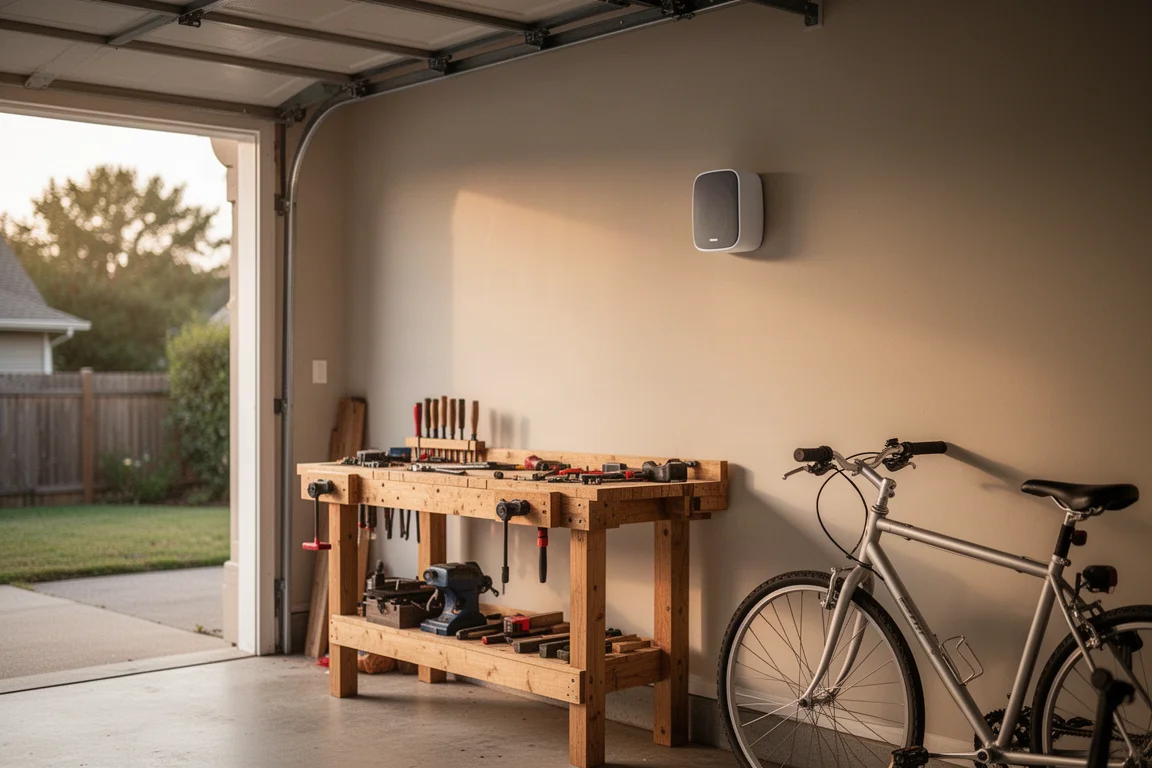 Kleine wandspeaker in een nette garagewerkplaats met werkbank en fiets