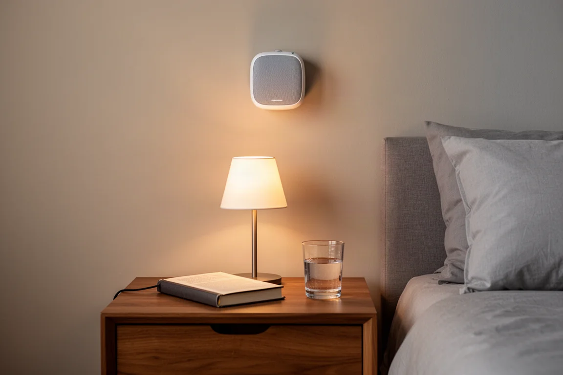Kleine wandspeaker boven een nachtkastje met lamp en boek in avondlicht