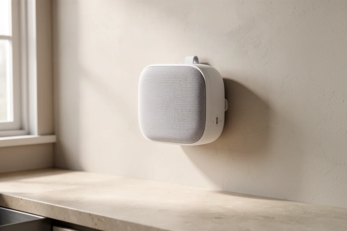 Wall-mounted OC Acoustics Newport Bluetooth speaker in matte white above a kitchen counter