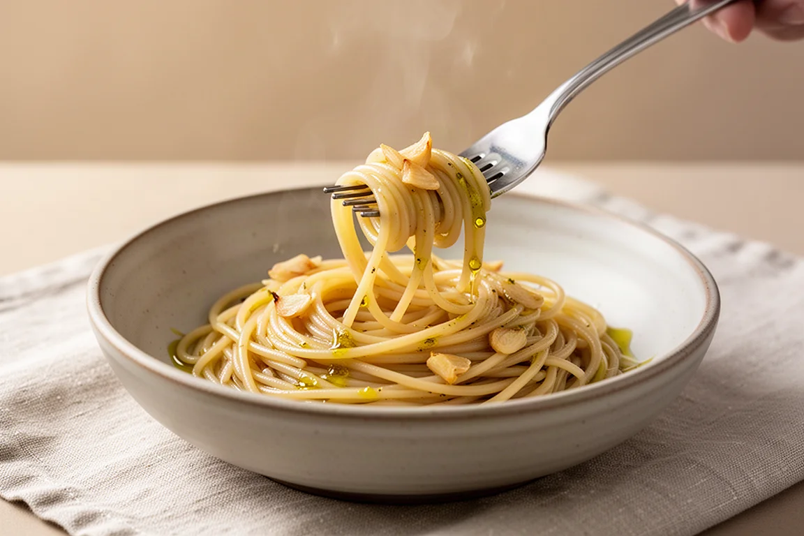 Spaghetti mit Knoblauch und Olivenöl, an einer Gabel aufgedreht, in einer rustikalen Schüssel