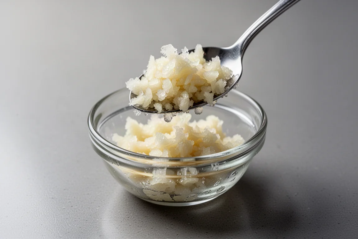 Teelöffel gehackter Tiefkühl-Knoblauch, der in einer kleinen Glasschale auftaut