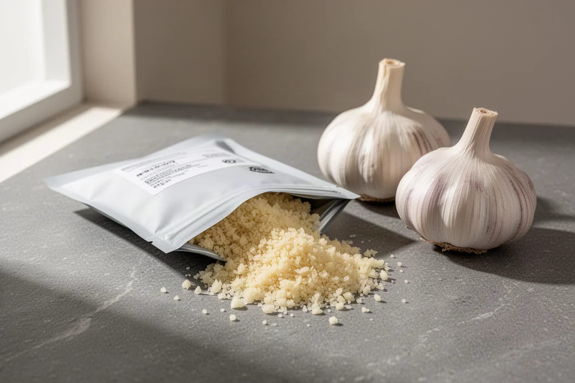 Pouch of chopped frozen garlic next to fresh garlic bulbs on a grey surface