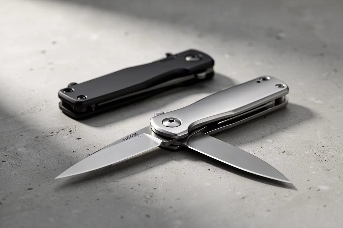 Coltello pieghevole sottile in titanio con una versione nera DLC dietro di esso su una superficie di cemento