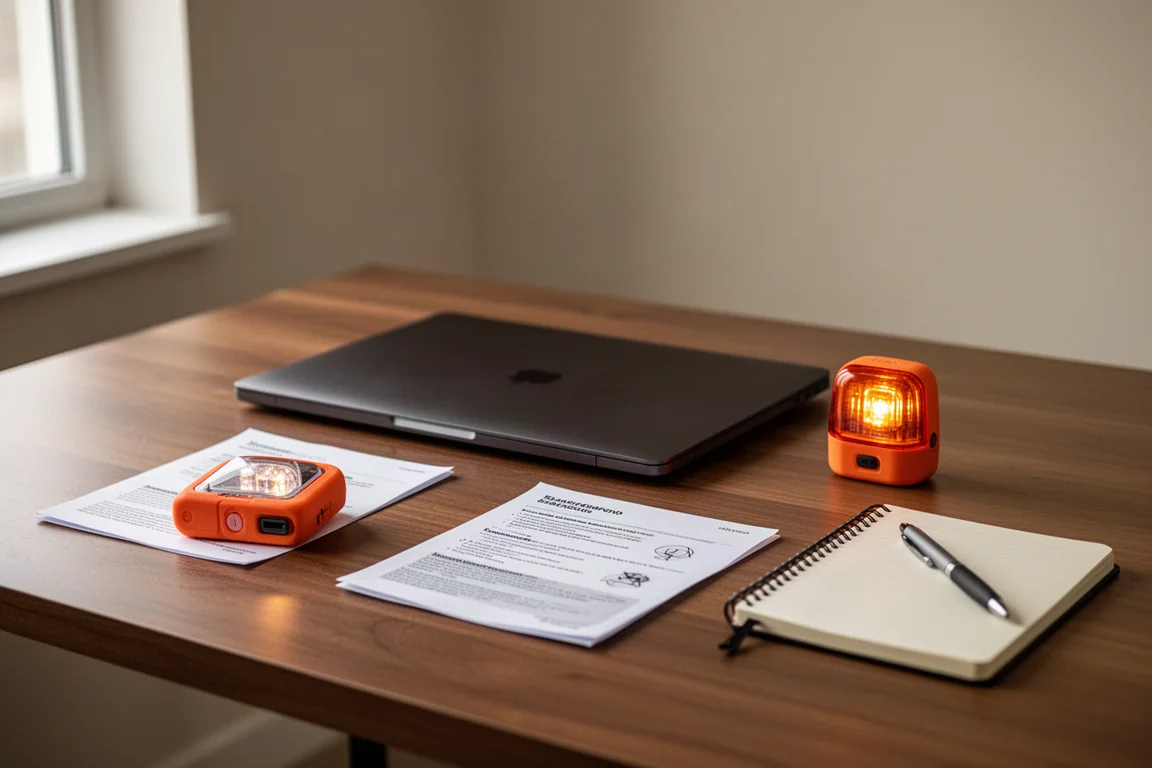 Mesa com laptop fechado, pequeno localizador laranja, manual impresso e caderno à luz da janela