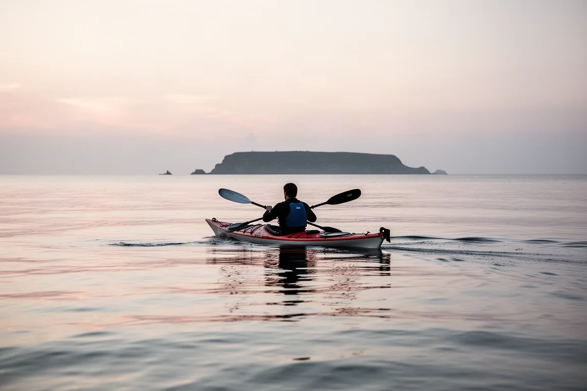 Caiaque de mar remando em águas calmas ao anoitecer com um promontório distante