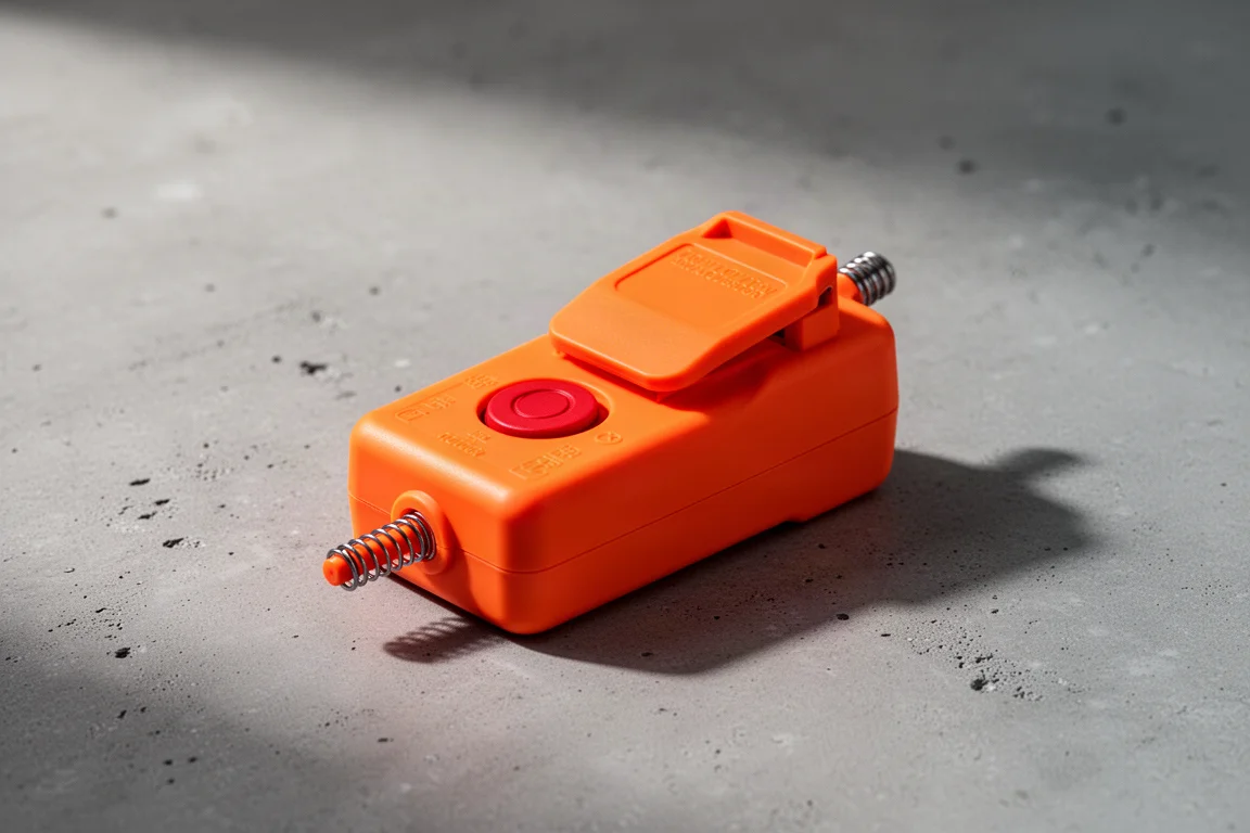 Compact orange personal locator beacon with wound antenna resting on a concrete surface