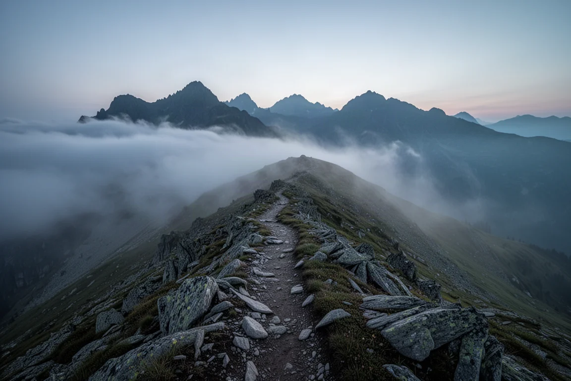 Crête alpine isolée au crépuscule avec nuages bas et sentier rocheux désert