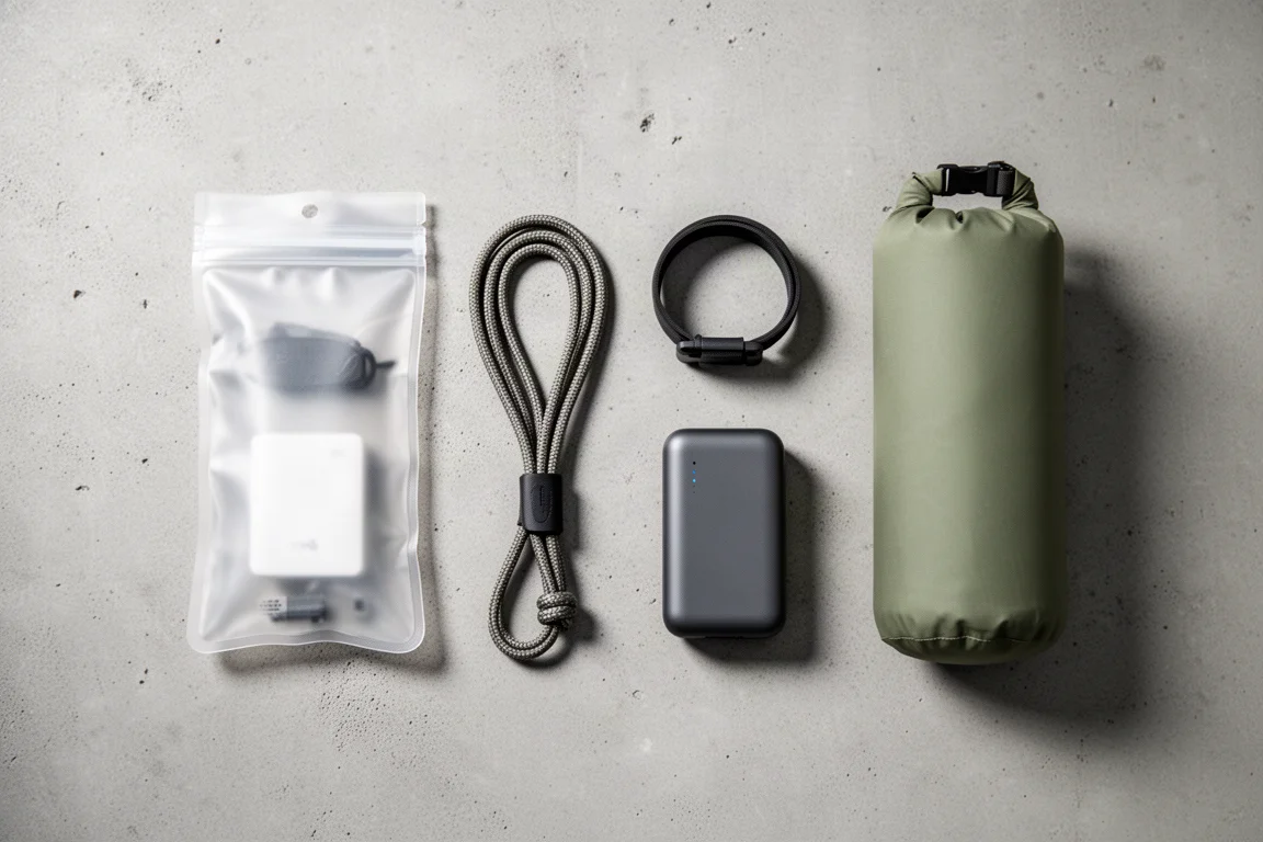 Vue à plat d'un kit d'urgence de plein air avec pochette, dragonne et batterie externe