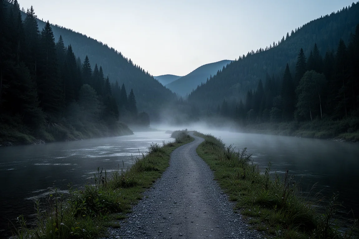 Vallée fluviale isolée à l'heure bleue avec sentier de gravier et brume sur l'eau