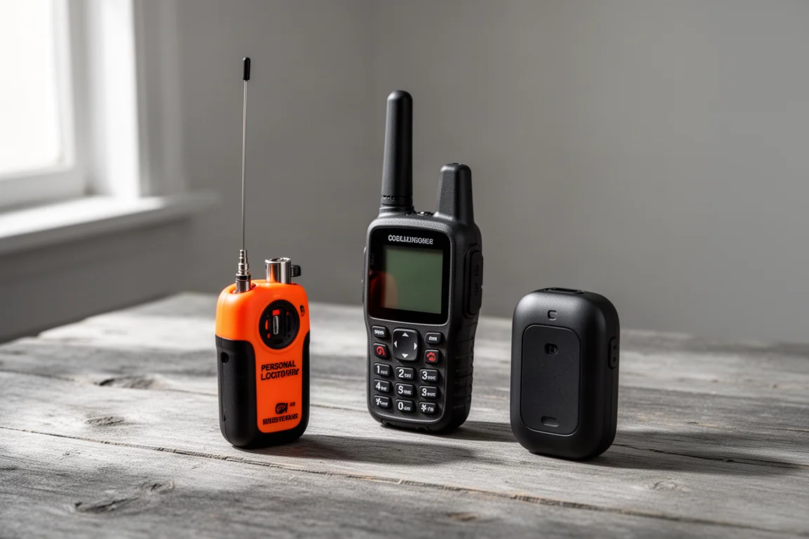 Three emergency beacons and satellite communicators arranged on a weathered wooden surface
