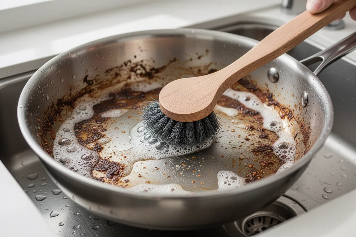 A scrub brush cutting through stuck-on food on a greasy skillet in a bright kitchen sink