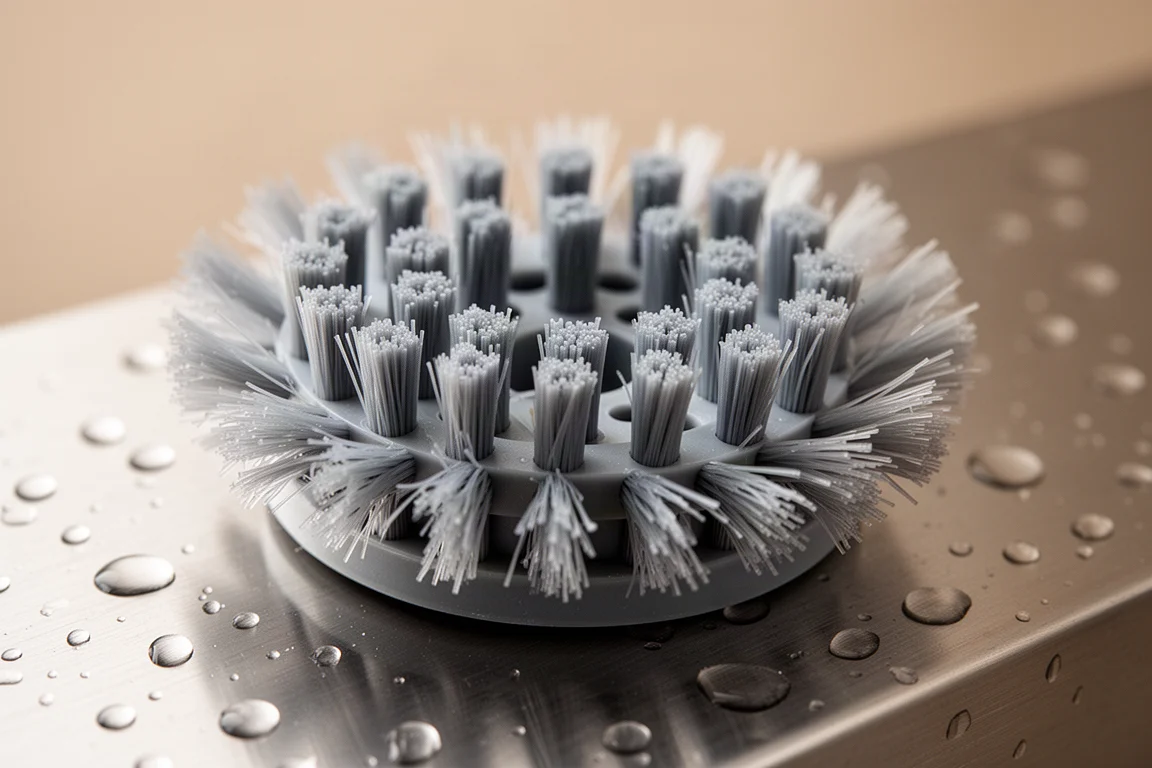 Close-up of the brush head showing flared bristle clusters and gaps that help food rinse away