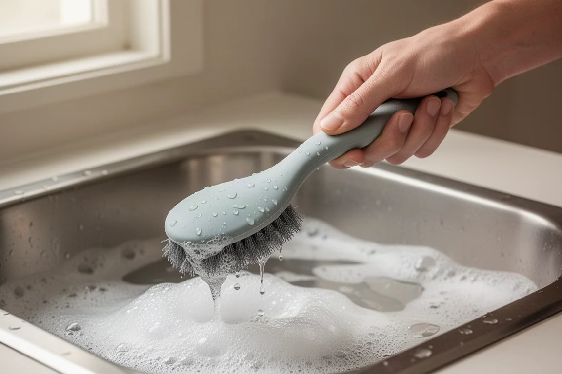 A hand holding the curved silicone-gripped brush handle over a sink with soapy water