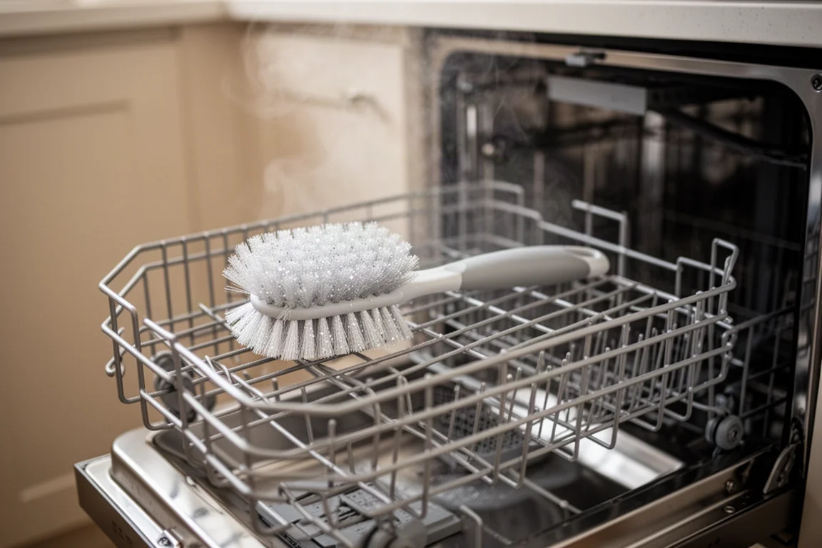 The scrub brush resting on a dishwasher rack after a cleaning cycle