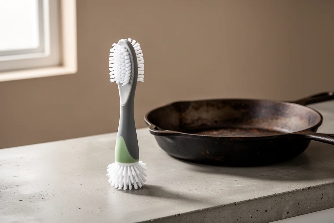 O-Cedar Rinse Fresh scrub brush standing beside a cast iron skillet on a kitchen counter
