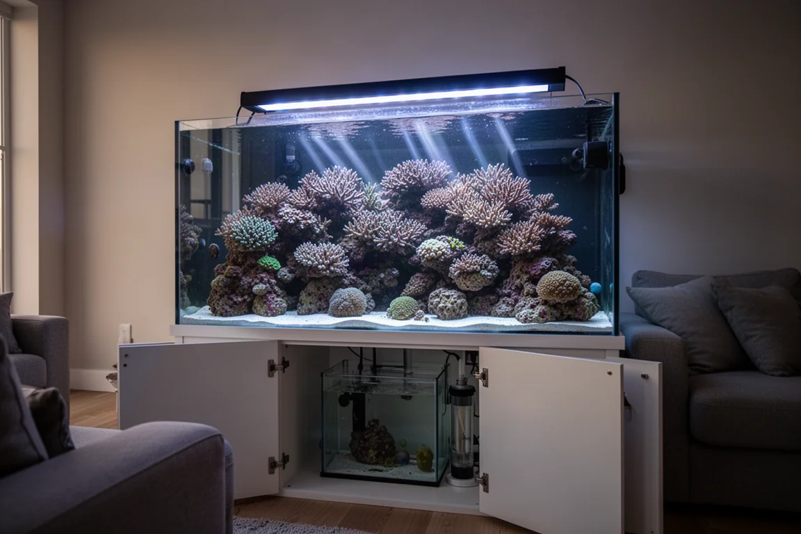 Belyst revakvarium i ett vardagsrum med korallkolonier och en sump synlig nedanför