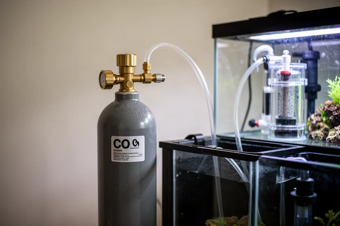 CO2-tub med mässingsregulator bredvid en akvariesump med slang som löper till reaktorn