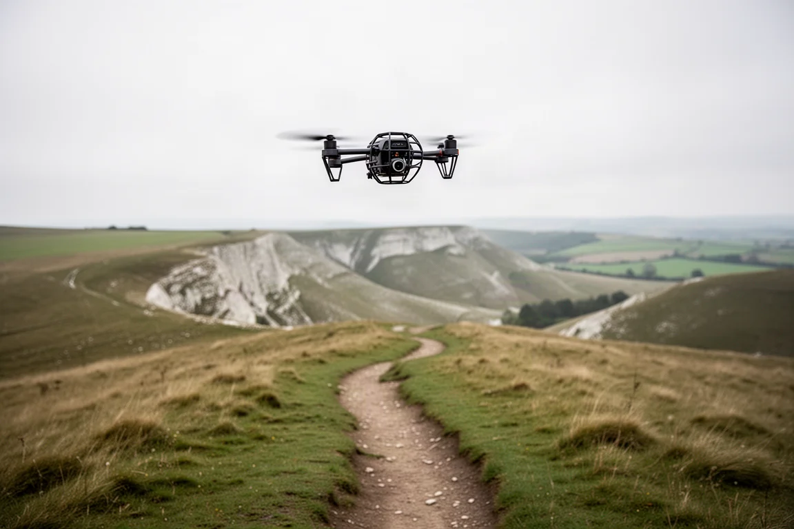 Kompaktowy dron zawisły nad otwartym leśnym szlakiem