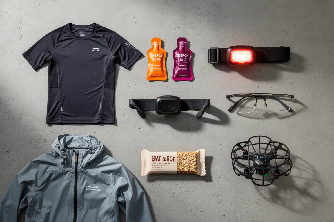 Flat lay of seven running gear items including base layer, gels, belt light, glasses, jacket, energy bar, and compact drone
