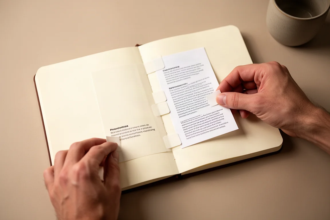 Loose printed sheets being attached to an open notebook page with small adhesive tabs
