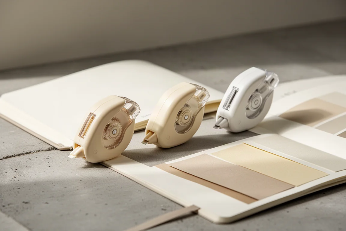 Three correction tapes in cream and white tones resting beside open notebook pages
