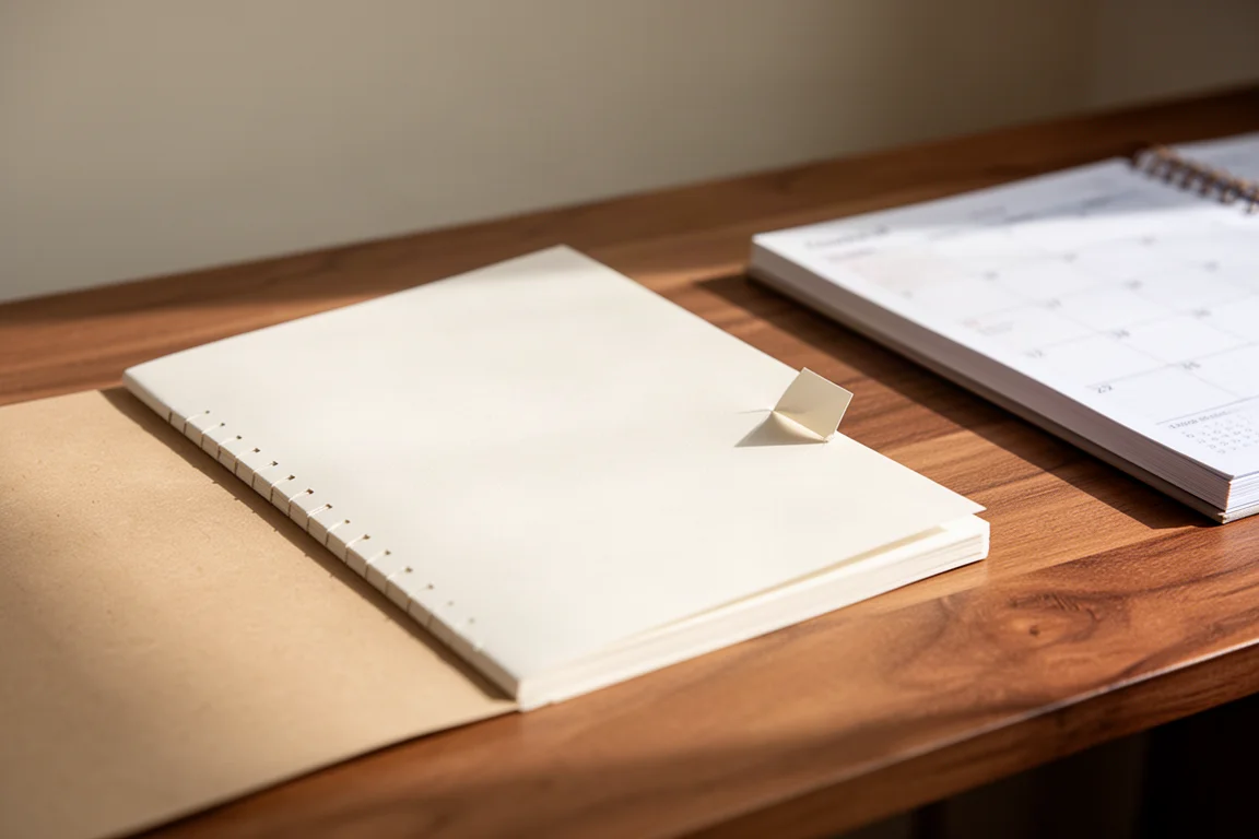 Notebook page with a neat corner notch and side index marks on a desk