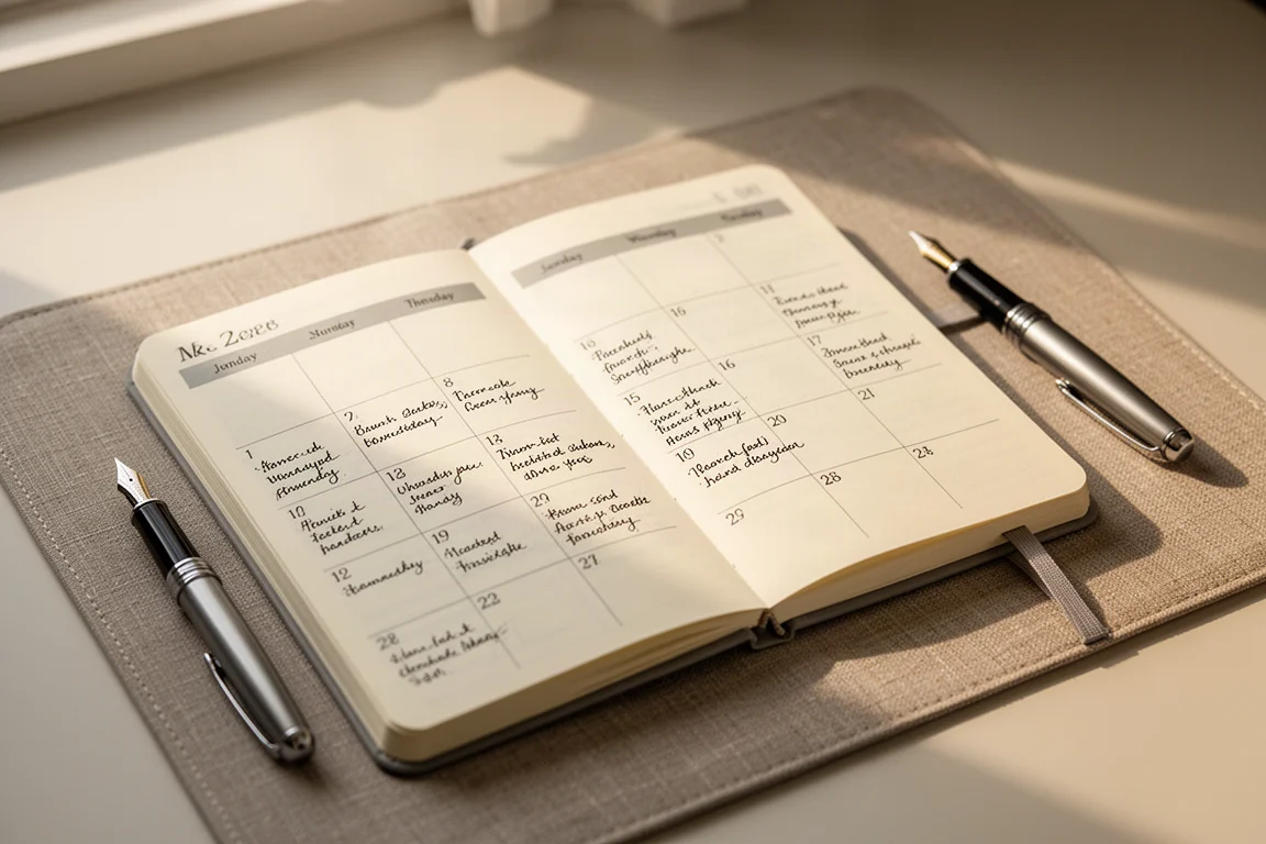 Open diary showing a monthly grid layout with short handwritten daily entries