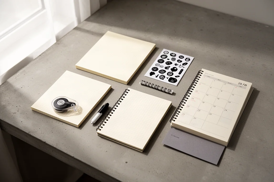 Flat-lay of Japanese notebooks, correction tape, stickers, and a diary on a concrete desk