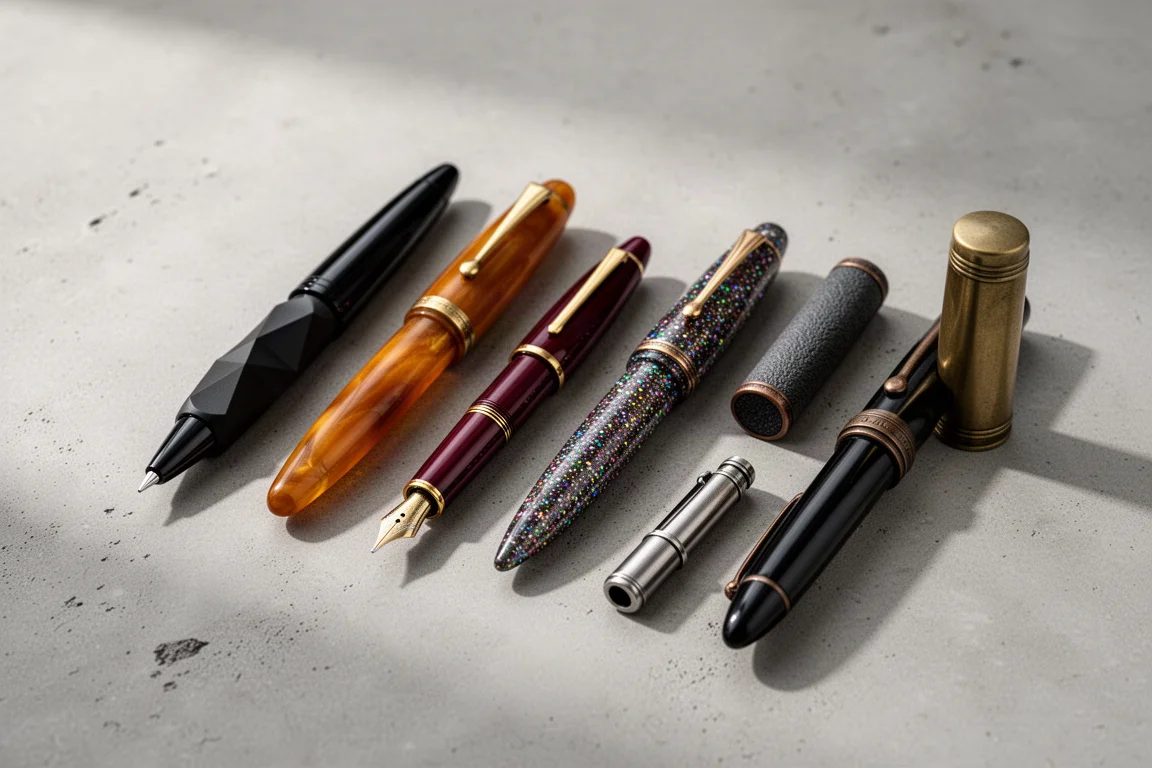 Seven varied fountain pens arranged in a diagonal line on a concrete surface