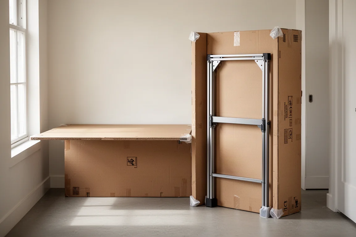 Two heavy protective boxes in a home hallway, one containing a desk tabletop