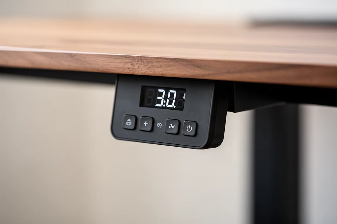 Close-up of a desk keypad showing height display and preset buttons