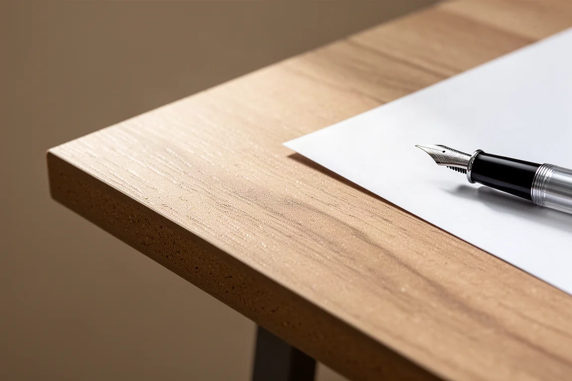Close-up of a textured veneer desktop surface under soft daylight