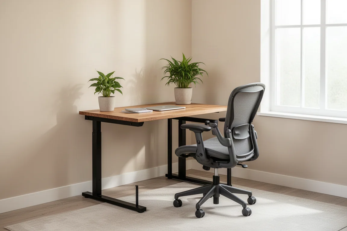 Home office with standing desk positioned at a seated work setup