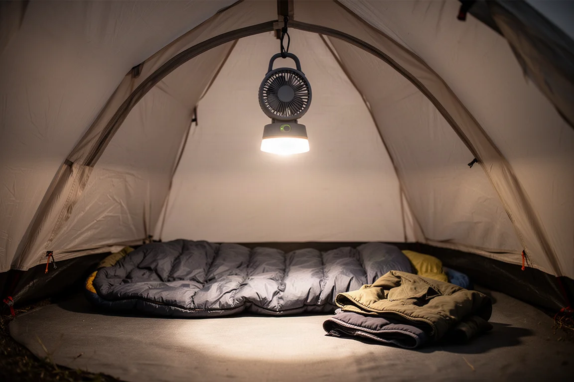 Small camping tent interior at dusk lit by a hanging fan and lantern unit