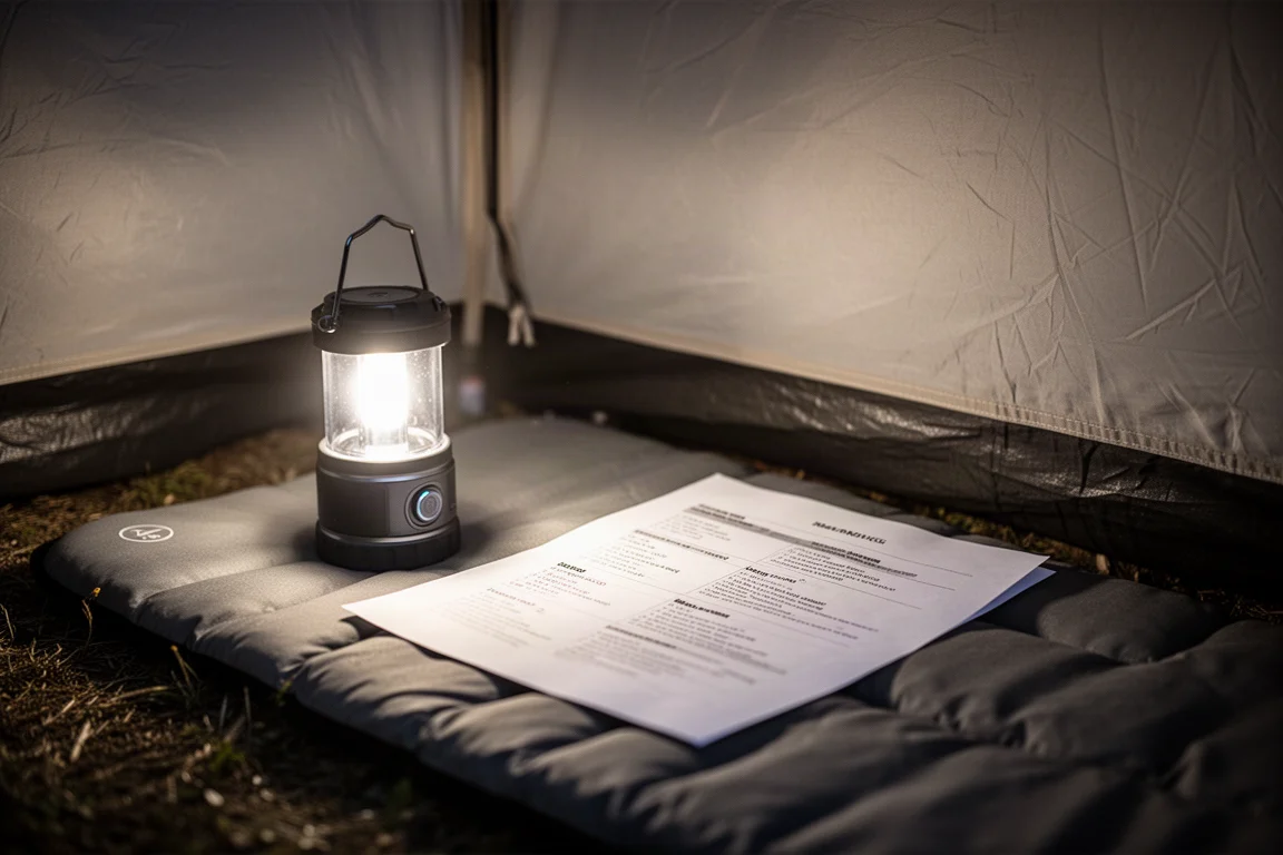 Compact lantern glowing beside printed paper inside a tent at night