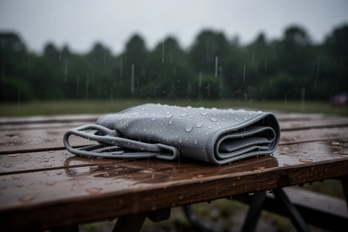 Moderate rain falling on a campsite table with water beading on plastic gear