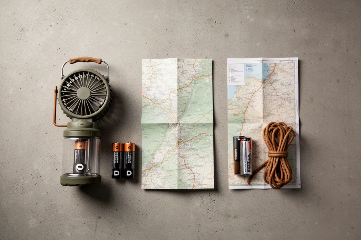 Overhead flat lay of a camping fan, D batteries, map and cord on concrete